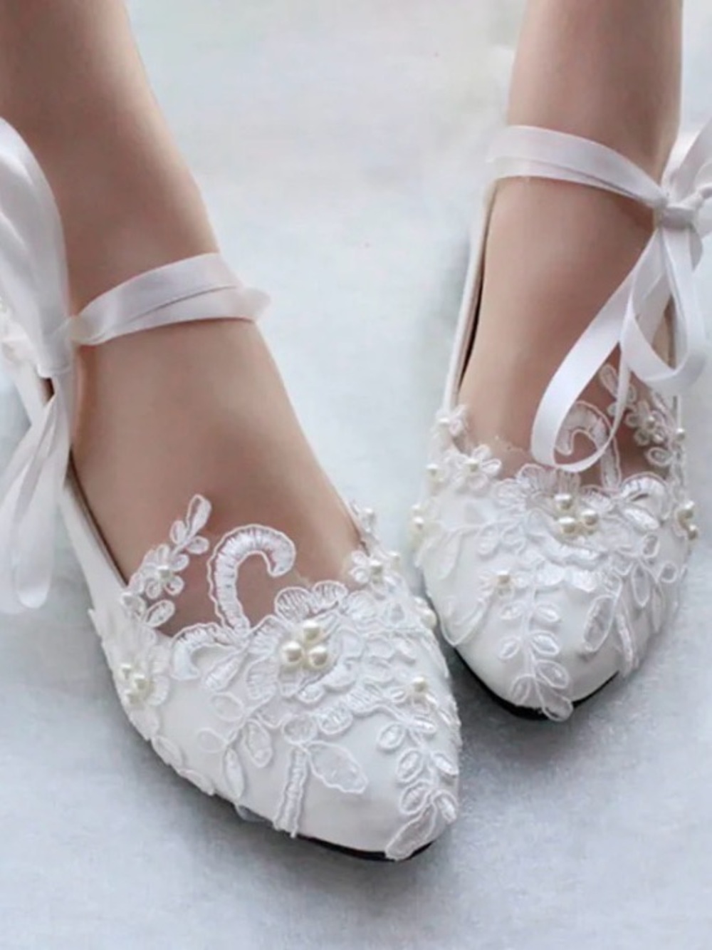 Bridal Flats White Lace Pearl Wedding Shoes Ribbon Tie EU 41 / US 9-9.5